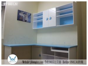 Bàn học đôi đặt góc có giá sách treo tường BHGS-L.202