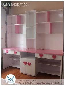 Bàn học đôi liền giá sách có tay nắm trái tim