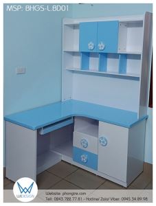 Bàn học góc liền tủ sách có tay nắm hình quả bóng