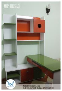 Bàn học chữ L liền giá sách màu cam - xanh lá
