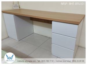 Bàn học có 2 tủ đồ phối melamine vân gỗ và màu trắng