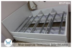 Giường 2 tầng thấp 1m8 đặt áp tường có tủ kho 3 khoang