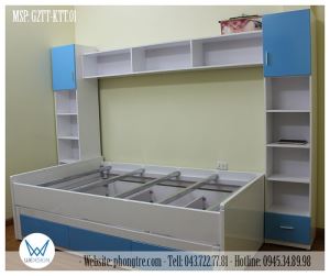 Giường tầng thấp kiểu sofa liền kệ sách trang trí G2TT-KTT.01