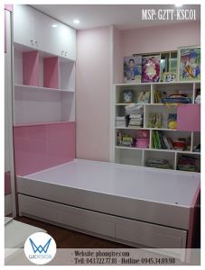 Giường tầng thấp có tủ để chăn liền kệ sách kịch trần