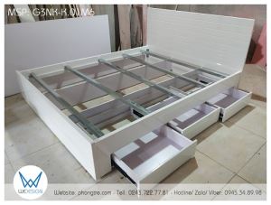 Giường ngăn kéo 1m6 trang trí đường soi ngang màu trắng
