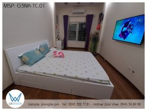 Giường 3 ngăn kéo 1m8 tựa cong soi kẻ ngang màu trắng
