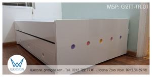 Giường hộp 2 tầng thấp màu trắng trang trí hình tròn