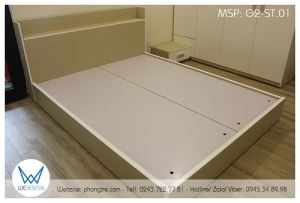 Giường ngủ kiểu Nhật vân gỗ sồi trắng có kệ đồ trang trí