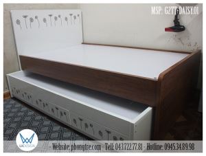 Giường tầng thấp vân gỗ lát trang trí hoa cúc họa mi
