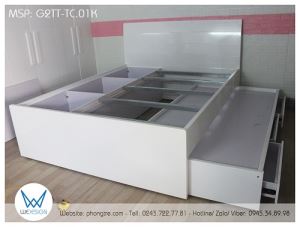 Giường tầng thấp 1m6 đa năng đầu cao tựa cong màu trắng