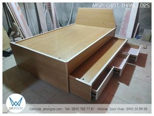 Giường tầng thấp đầu cao hình thang vân gỗ sồi phối trắng