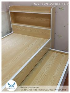 Giường tầng thấp vân sồi thiết kế đầu giường là kệ sách