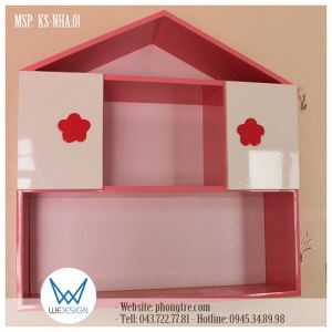 Kệ sách treo tường ngôi nhà hồng trang trí hoa xinh