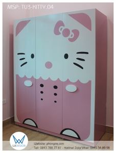 Tủ Kitty đeo nơ mặc quần yếm 1m5 - 3 cánh - 3 buồng