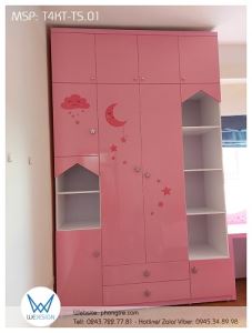 Tủ 4 cánh kịch trần trang trí trăng sao màu hồng