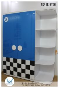 Tủ áo liền kệ trang trí màu xanh dương chủ đề ô tô đua