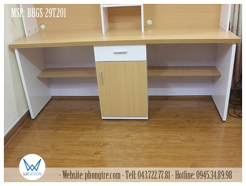Bàn học của bàn học đôi BHGS-29T.201 có tủ đồ 1 ngăn kéo - 1 cánh và 2 đợt gỗ để đồ ở 2 bên vị trí ngồi