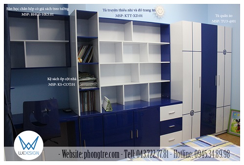 Góc học tập và tủ kệ phòng bé trai nhà anh Thảo - View phòng chụp từ góc tường có cửa sổ và tường có đầu giường