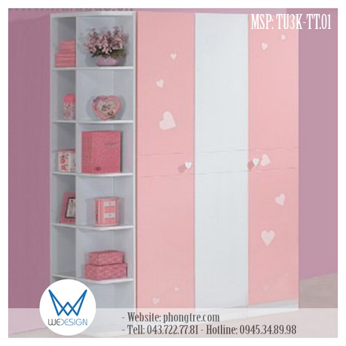 Mẫu tủ áo liền kệ góc trang trí trái tim TU3K-TT.01