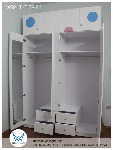 Kết cấu tủ quần áo liền tủ kho chia 4 cánh mở - 2 buồng - 4 ngăn kéo ngoài của 2 bé gái nhà anh Tuấn