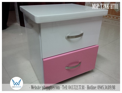 Tủ táp 2 ngăn kéo trắng hồng đặt đầu giường ngủ 2 tầng thấp 1m6 trang trí nơ cánh bướm
